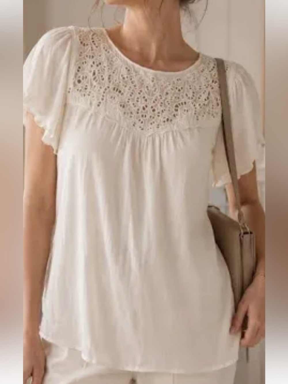 Rachel Zoe Ecru Eyelet Yoke  Flutter Short  Sleeves Feminine Size Small NWT